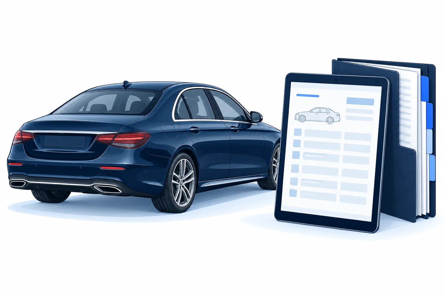 Illustration of a navy saloon beside a tablet with vehicle records and a document folder.