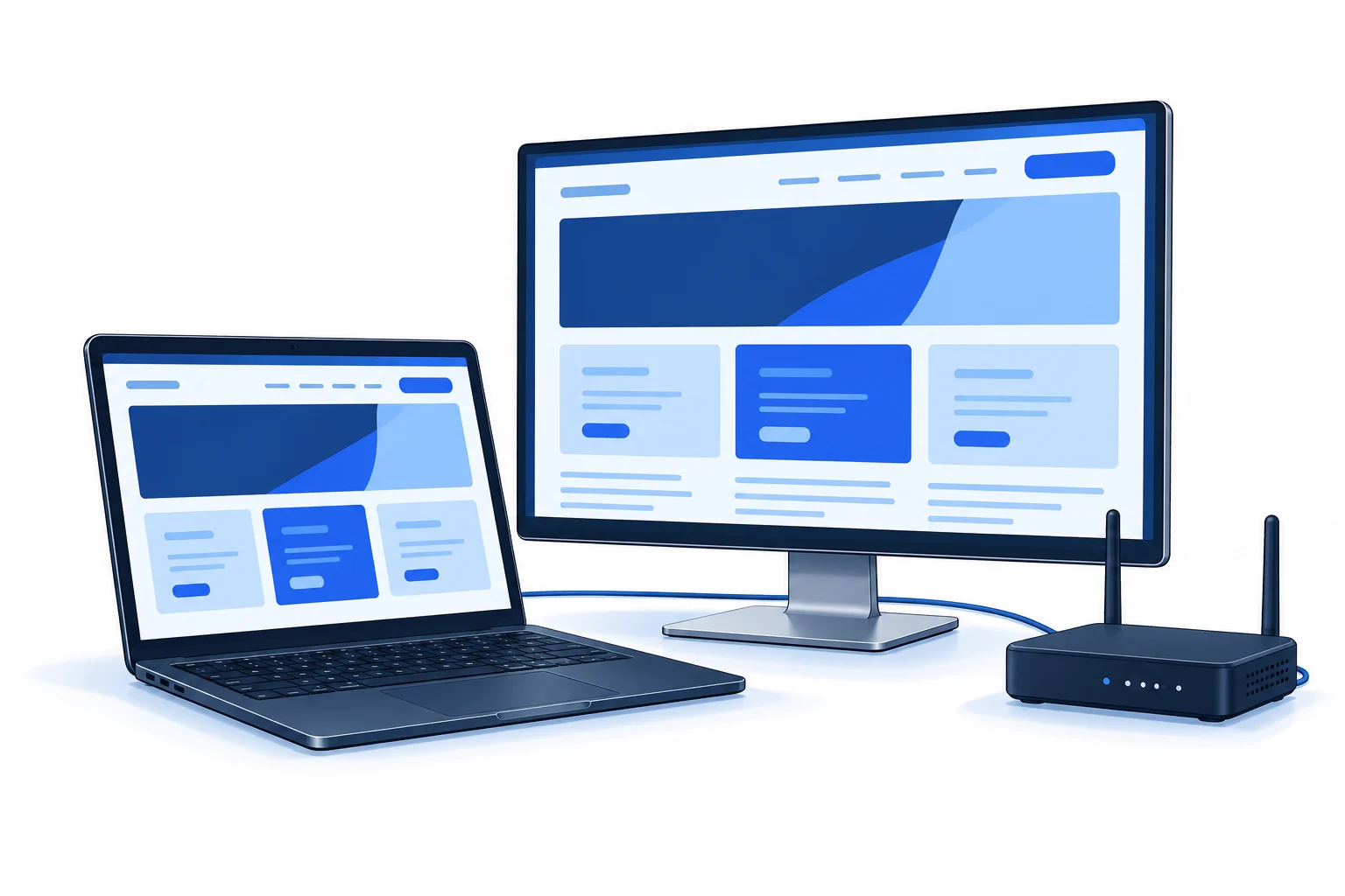 Illustration of a laptop, monitor and network router.