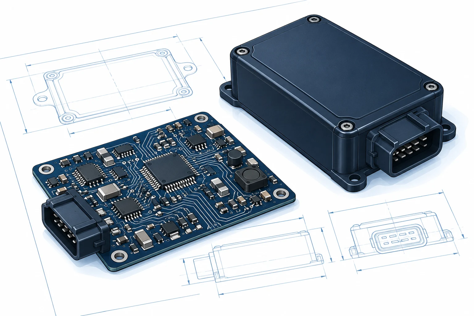 Concept illustration of an automotive circuit board, enclosure and design sketches.