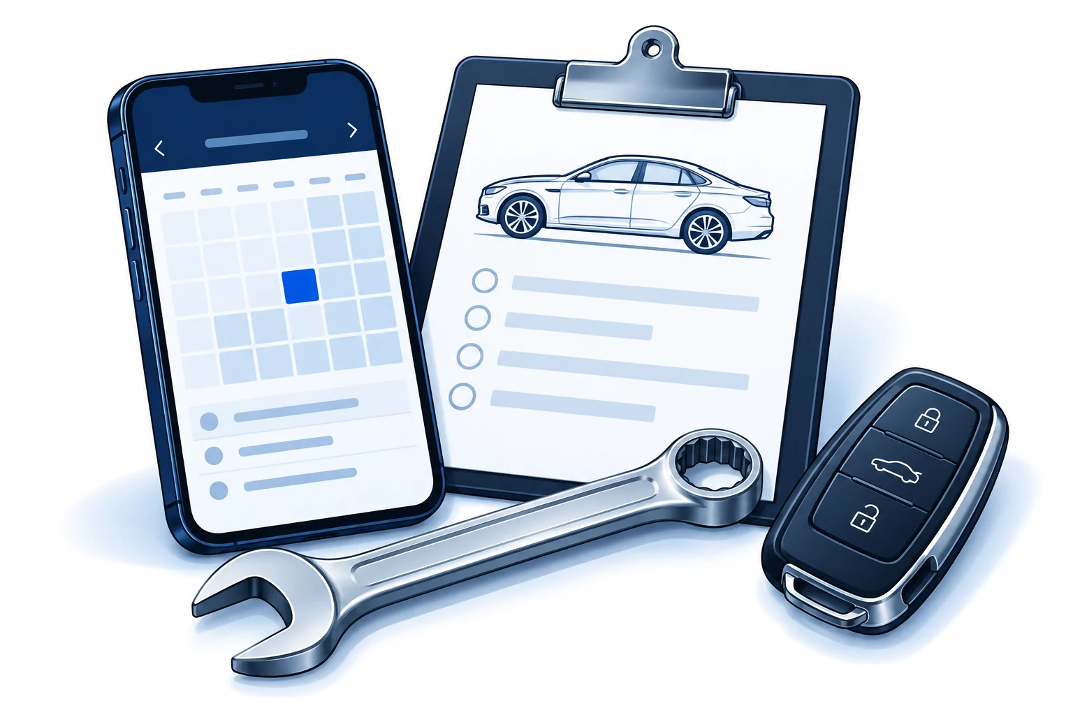 Concept illustration of a service request, calendar, car key and spanner.